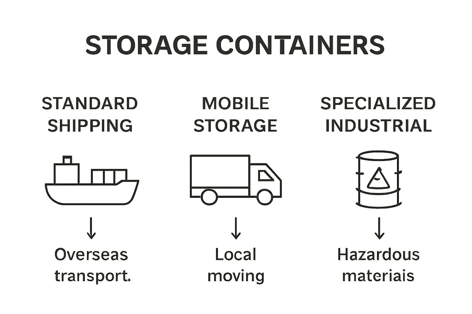 Infographic comparing main storage container types with icons and uses