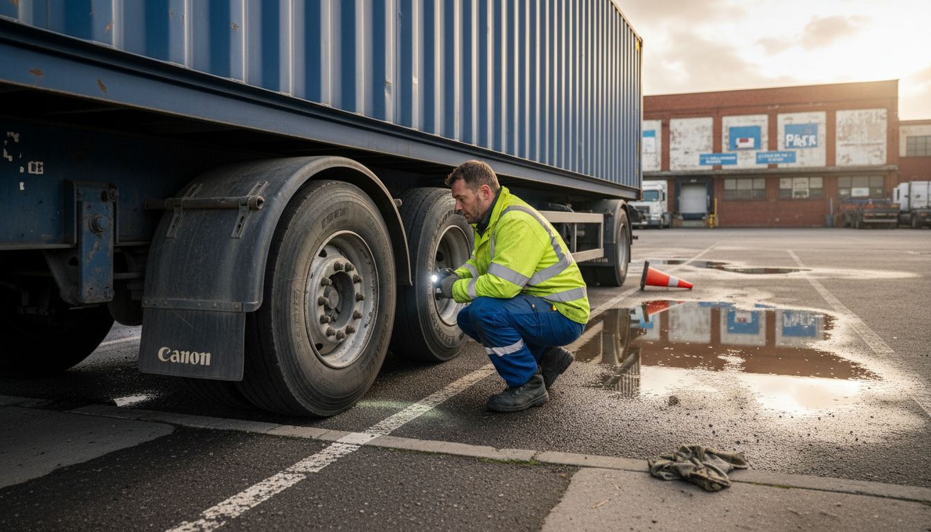 Truck operator examining trailer on chassis