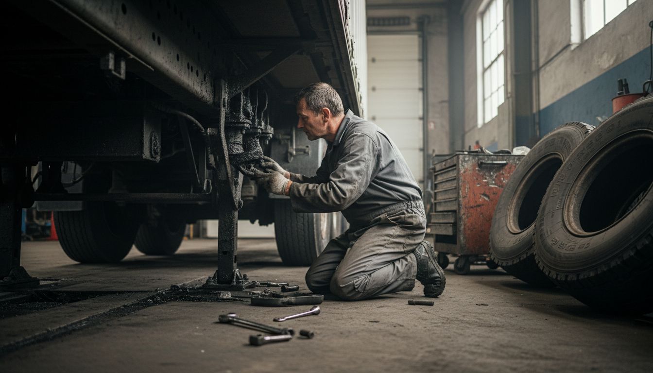 Mechanic inspecting semi trailer kingpin and landing gear