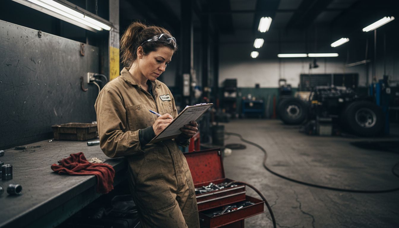 Mechanic reviews trailer inspection checklist