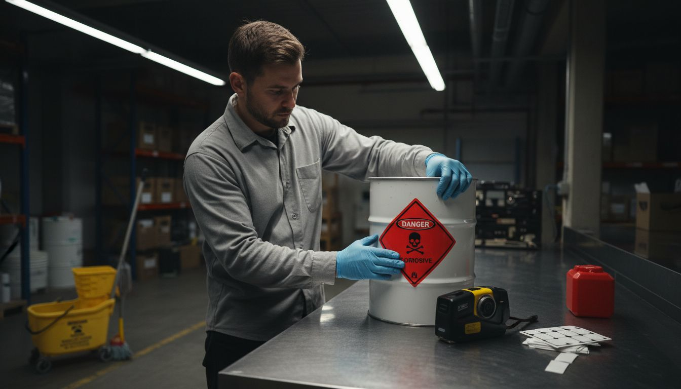 Technician labeling hazardous material container