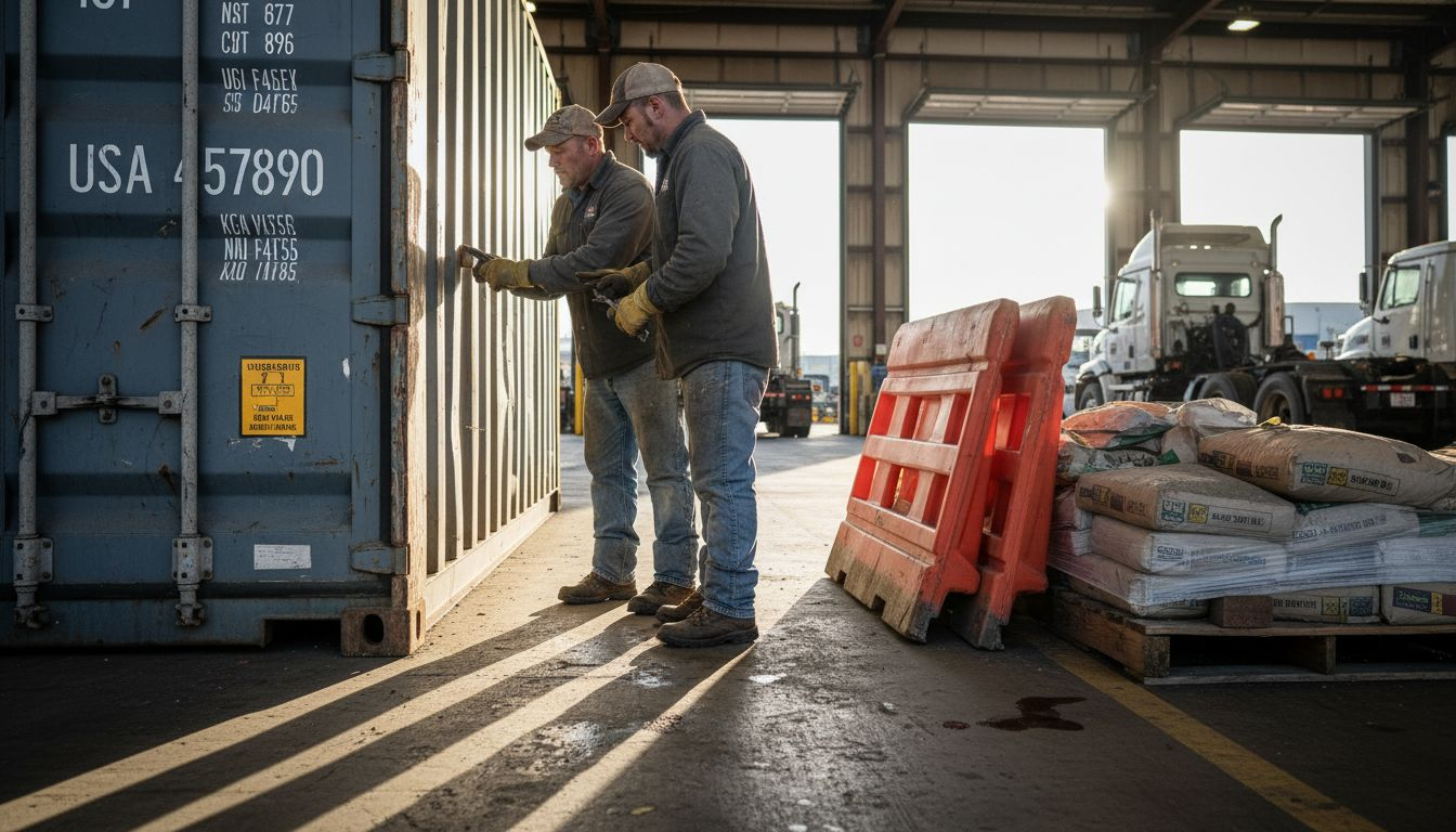 Workers inspecting wear on storage container