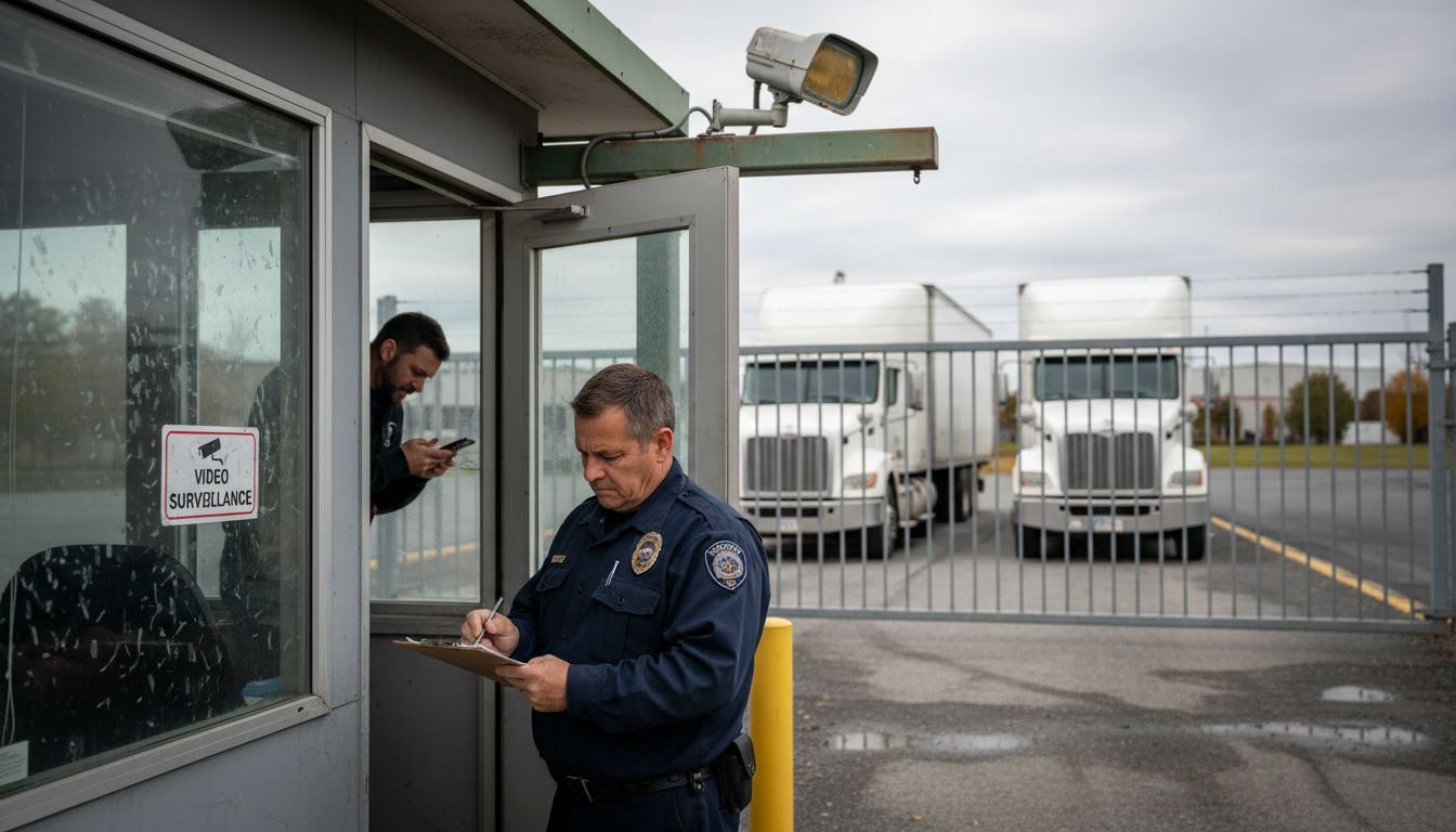 Security guard checking trucks at gated entrance